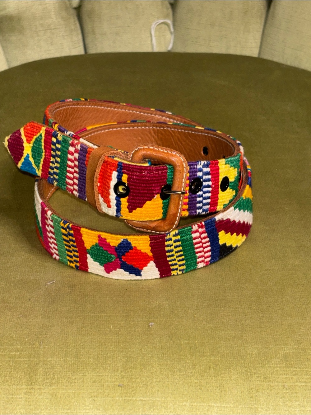 VTG Guatemalan Multicolor Hand Woven Handmade Leather Belt Unisex 36 Boho Hippie